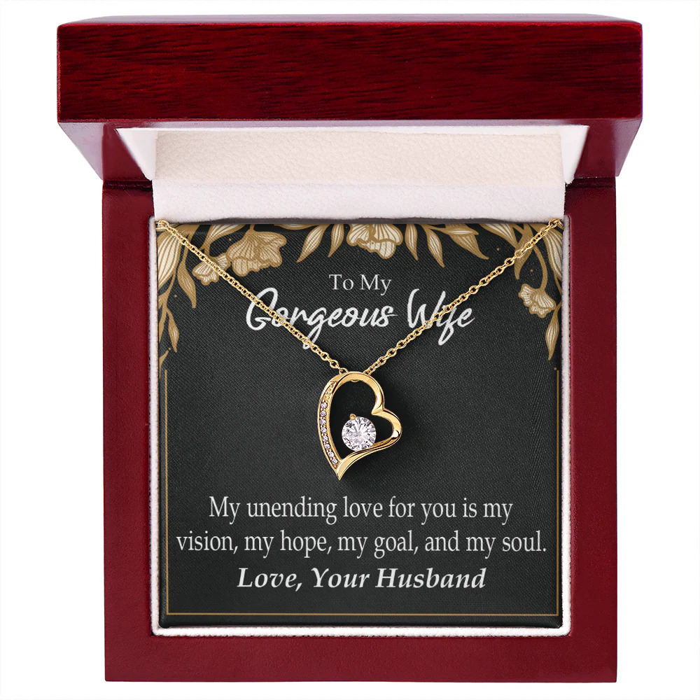 Wife Unending Love Forever Love CZ Heart Necklace Yellow Gold Luxury Box